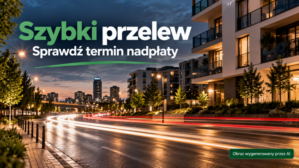 Ślady świateł w wieczornym mieście z napisem o szybkim przelewie i terminie nadpłaty
