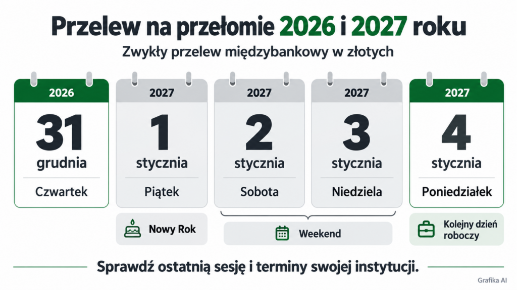 Kalendarz od czwartku 31 grudnia 2026 do poniedziałku 4 stycznia 2027, z Nowym Rokiem i weekendem.