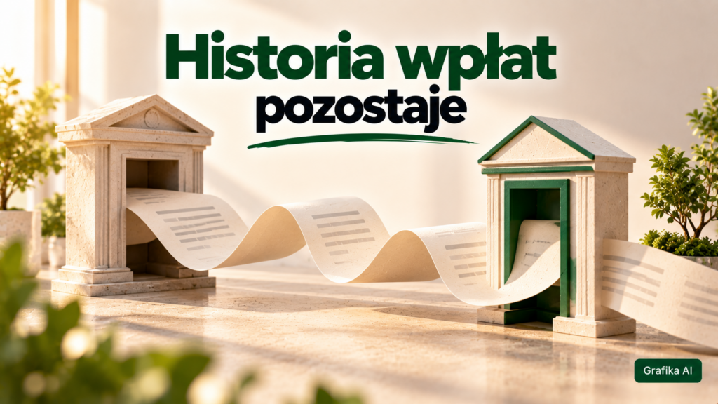 Ciągła papierowa wstęga przechodząca przez dwie ramy z napisem „Historia wpłat pozostaje”.