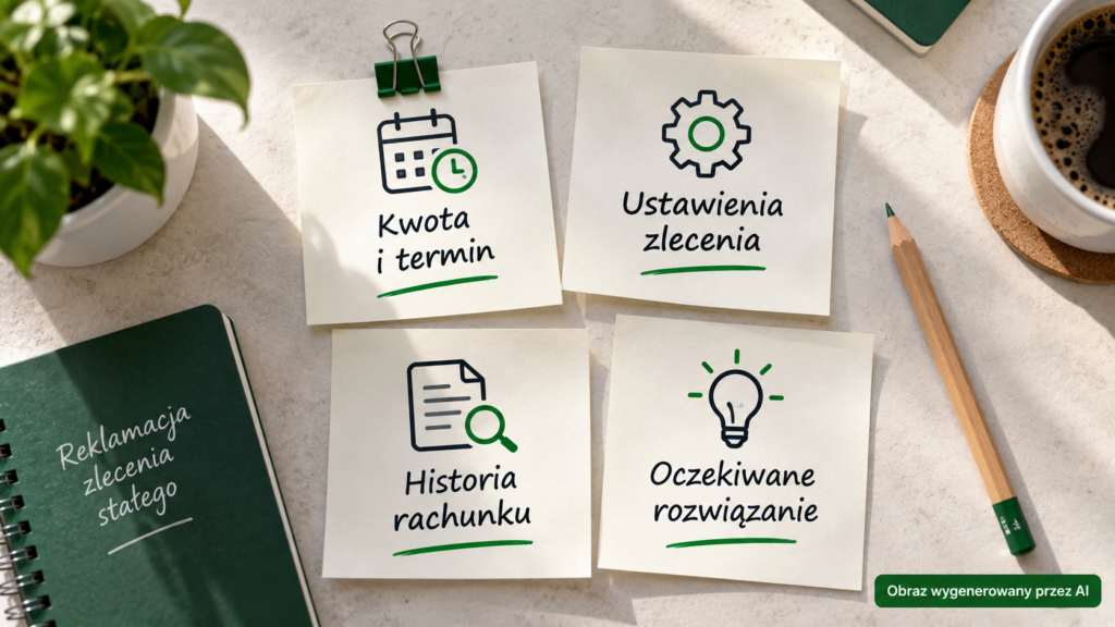 Cztery notatki: kwota i termin, ustawienia zlecenia, historia rachunku oraz oczekiwane rozwiązanie.