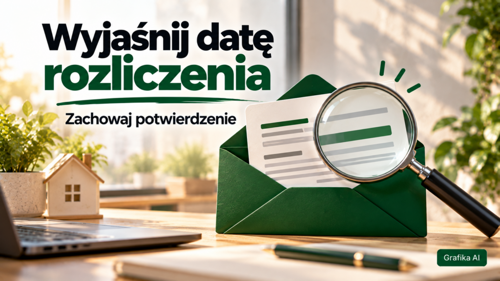 Ilustracja wiadomości i lupy z napisem o wyjaśnieniu daty rozliczenia
