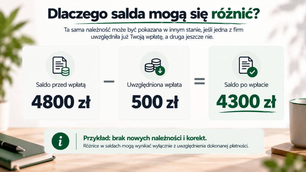 Przykład zmniejszenia salda z 4800 zł do 4300 zł po uwzględnieniu wpłaty 500 zł.