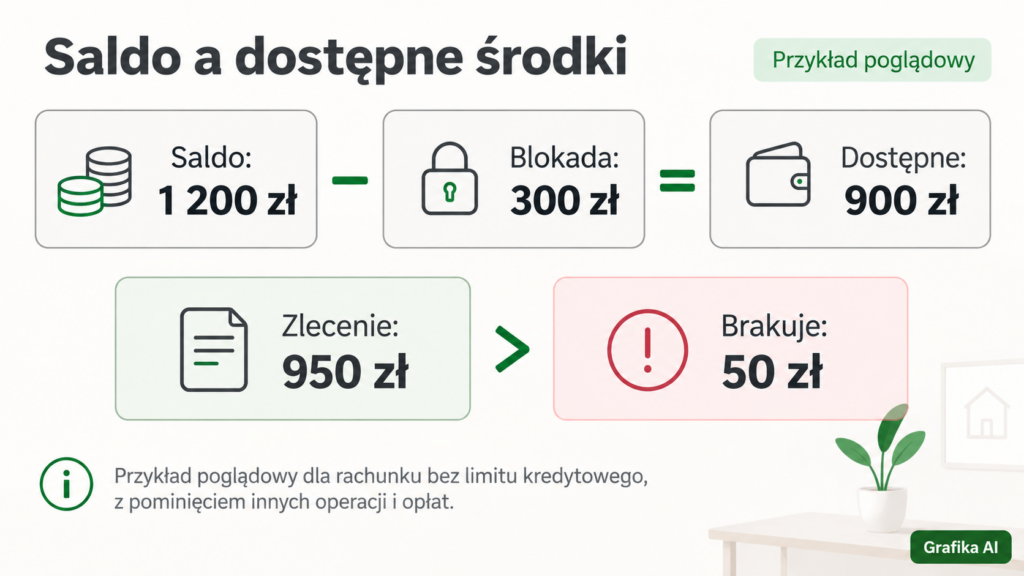 Przykład: saldo 1200 zł pomniejszone o blokadę 300 zł daje 900 zł dostępnych przy zleceniu na 950 zł.