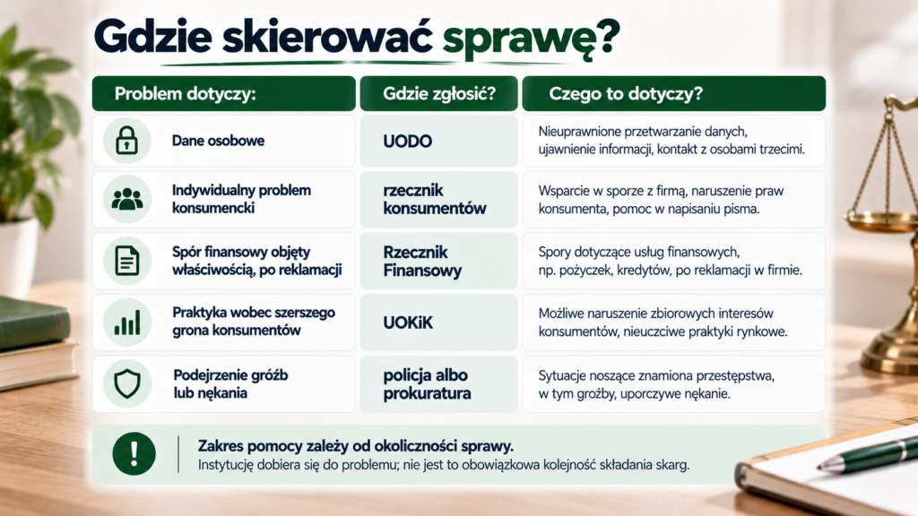 Zestawienie problemów kierowanych do UODO, rzecznika konsumentów, Rzecznika Finansowego, UOKiK i organów ścigania