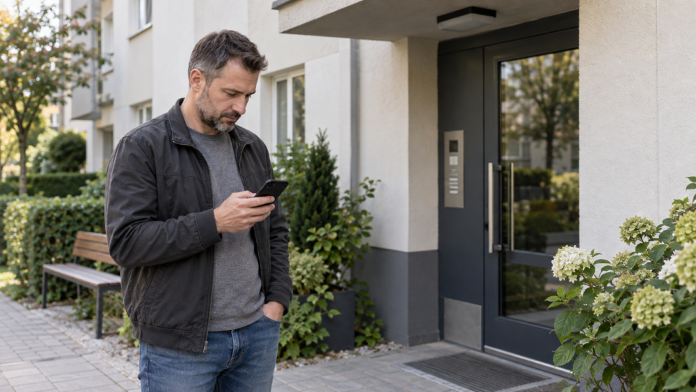 Mężczyzna sprawdza telefon przed wejściem do budynku mieszkalnego