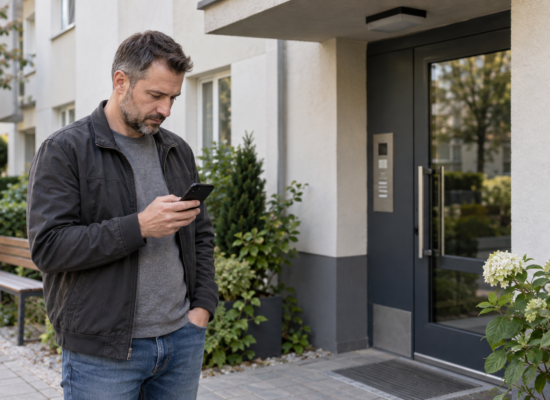 Mężczyzna sprawdza telefon przed wejściem do budynku mieszkalnego