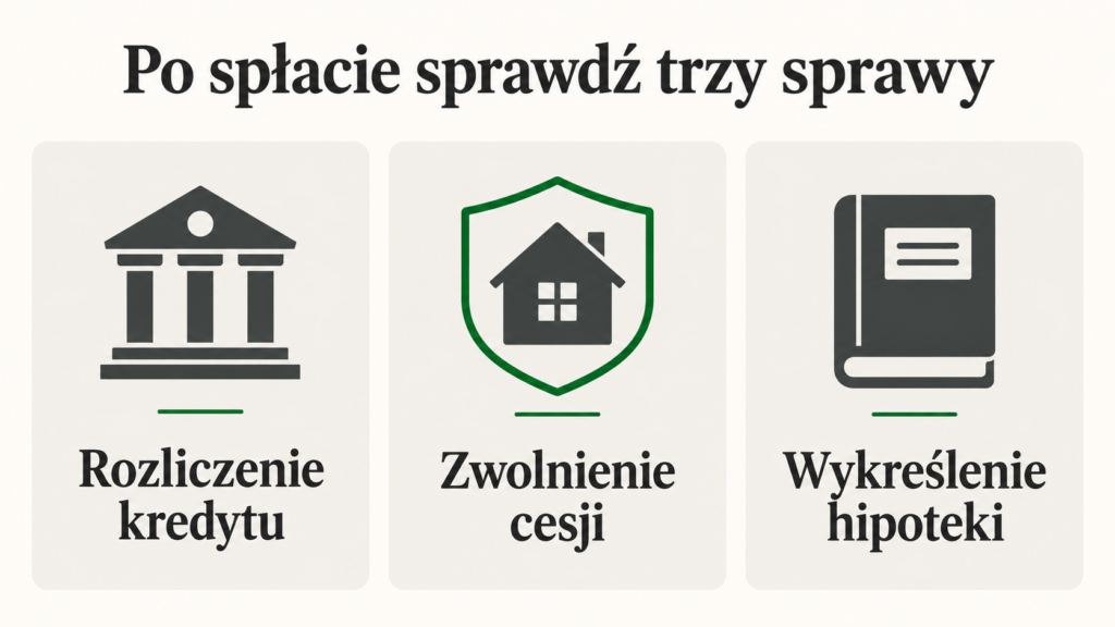 Trzy obszary formalności: rozliczenie kredytu, zwolnienie cesji i wykreślenie hipoteki