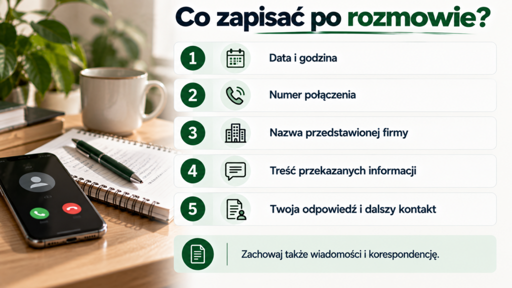 Pięć informacji do zapisania po rozmowie: data, numer, firma, treść i reakcja