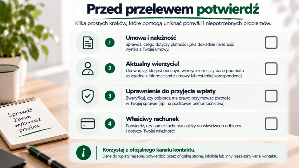 Cztery elementy do potwierdzenia przed przelewem: umowa, wierzyciel, uprawnienie odbiorcy i rachunek.