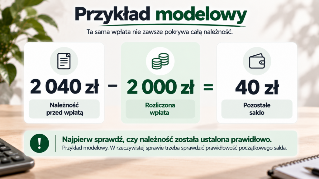 Przykład rozliczenia: należność 2040 zł, wpłata 2000 zł i pozostałe 40 zł