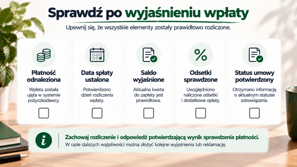 Lista do sprawdzenia: płatność, data spłaty, saldo, odsetki i potwierdzenie statusu umowy