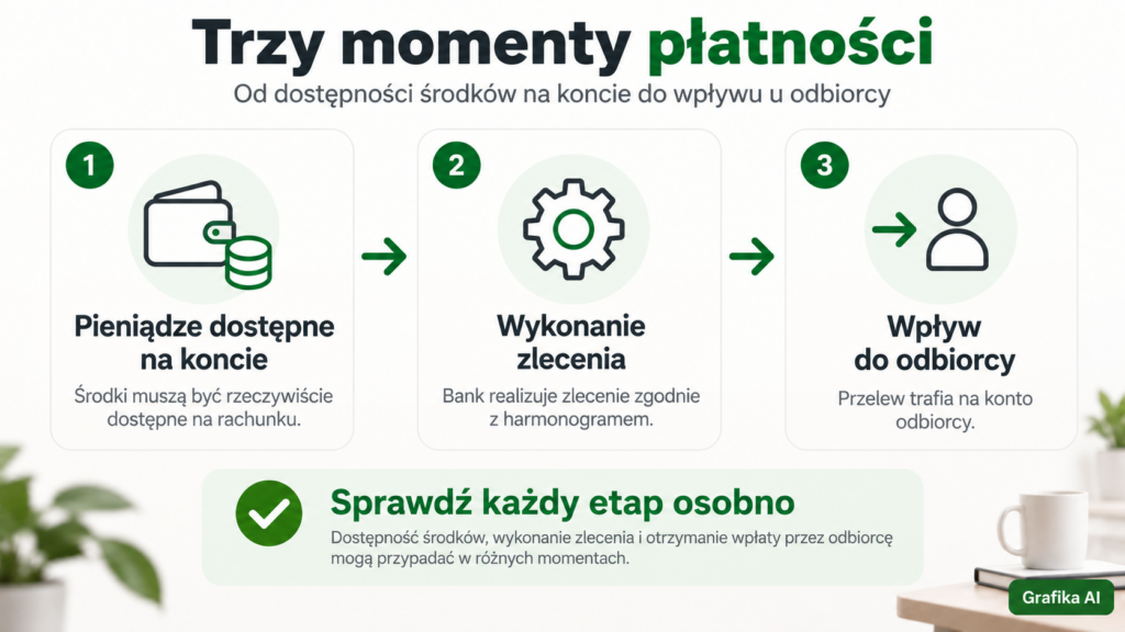 Trzy etapy: dostępność pieniędzy na koncie, wykonanie zlecenia i wpływ przelewu do odbiorcy.