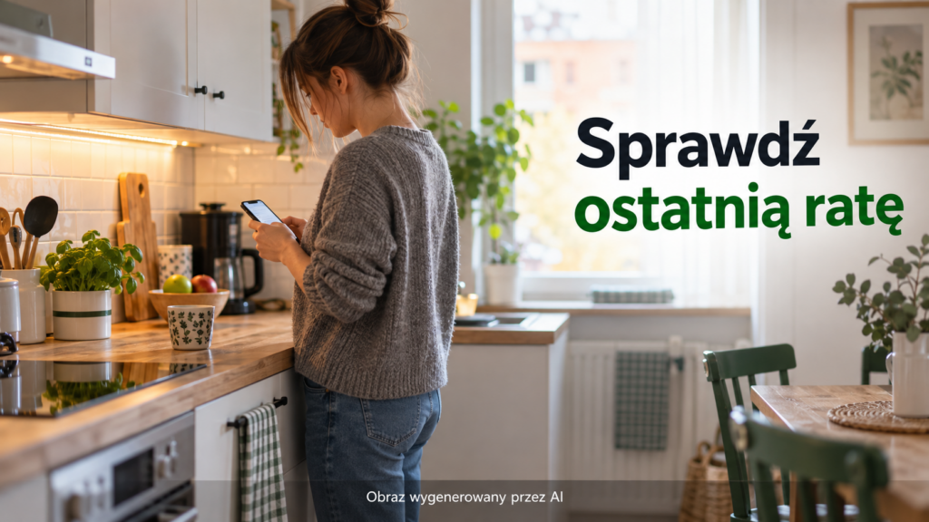 Osoba sprawdzająca telefon przy kuchennym blacie w zwyczajnym mieszkaniu.
