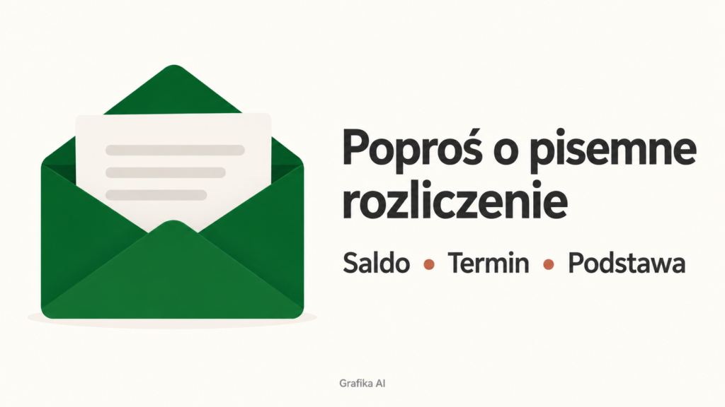 Ilustracja otwartej koperty z kartą i napisem Poproś o pisemne rozliczenie.
