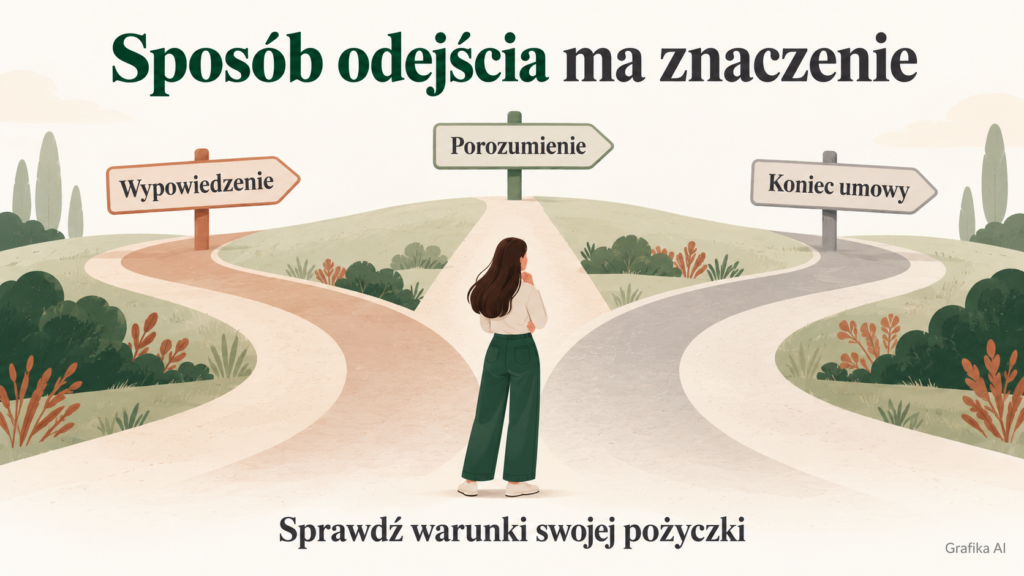 Ilustrowane rozwidlenie dróg z napisami Wypowiedzenie, Porozumienie i Koniec umowy.