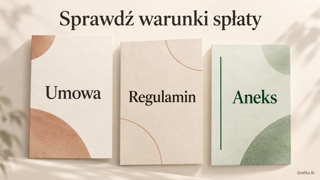 Ilustracja z trzema pionowymi polami podpisanymi Umowa, Regulamin i Aneks.