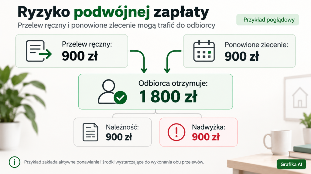 Przelew ręczny 900 zł i ponowione zlecenie 900 zł dają łącznie 1800 zł dla jednej należności.