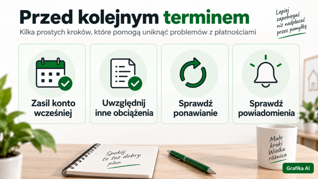 Lista przygotowań: wcześniejsze zasilenie konta, uwzględnienie obciążeń, sprawdzenie ponawiania i powiadomień.