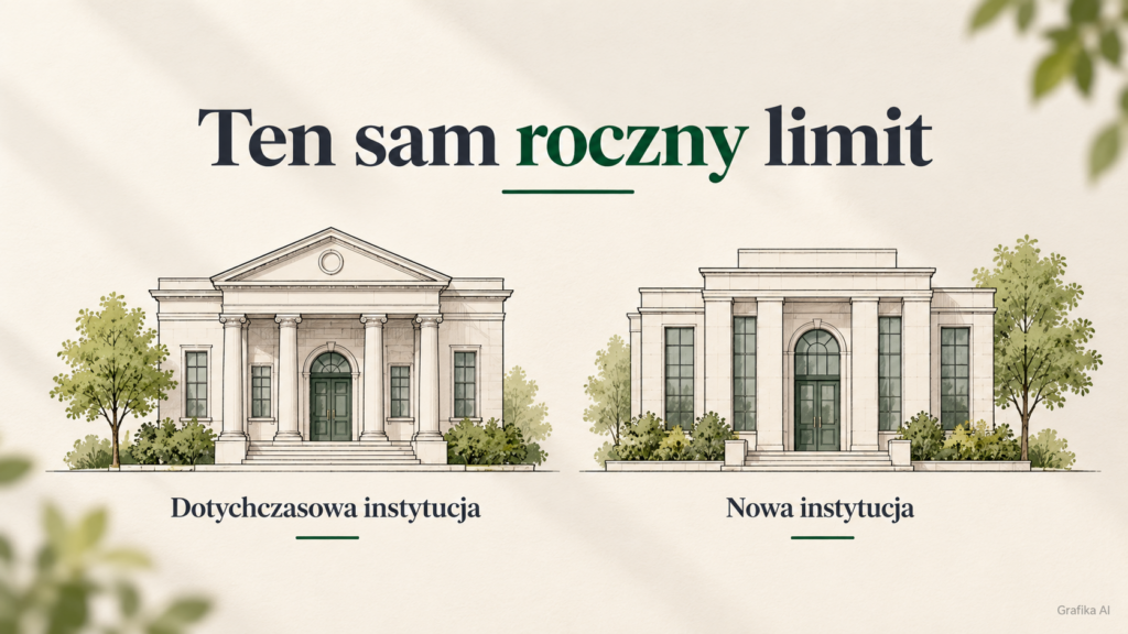 Dwie symboliczne fasady instytucji pod wspólnym napisem „Ten sam roczny limit”.