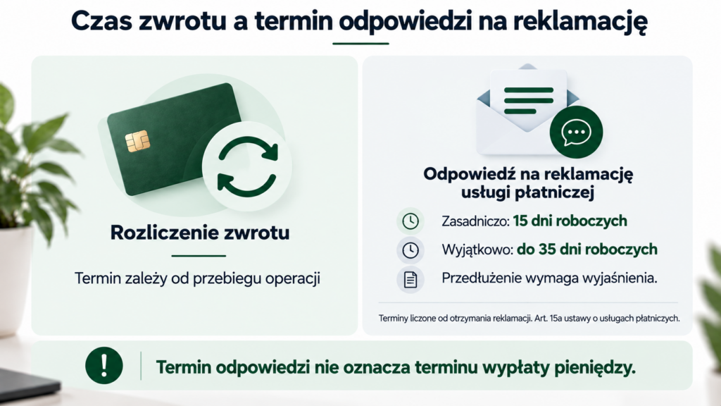 Porównanie czasu rozliczenia zwrotu z terminem odpowiedzi na reklamację: zasadniczo 15, wyjątkowo do 35 dni roboczych.