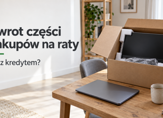 Monitor przygotowany do zwrotu w kartonie obok laptopa pozostającego u kupującego.