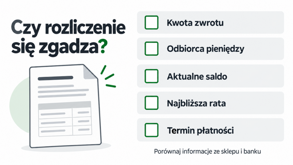 Lista pięciu elementów do sprawdzenia: kwota zwrotu, odbiorca pieniędzy, saldo, najbliższa rata i termin płatności.