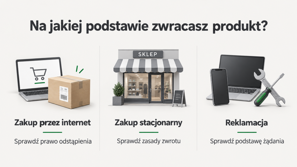Porównanie trzech sytuacji: zakup przez internet, zakup stacjonarny i reklamacja produktu.