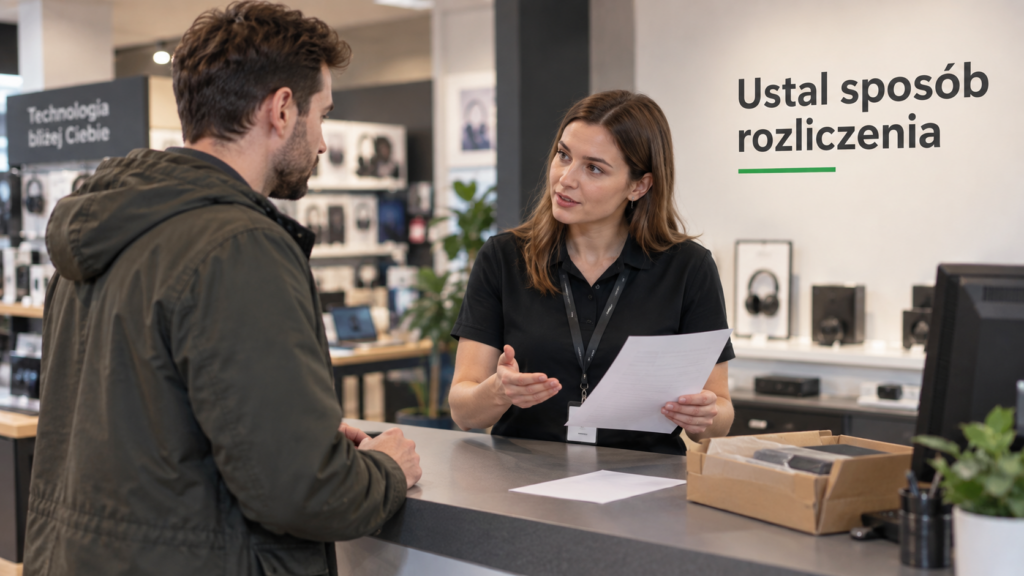 Klient rozmawiający z pracownikiem punktu obsługi sklepu o rozliczeniu zwracanego urządzenia.