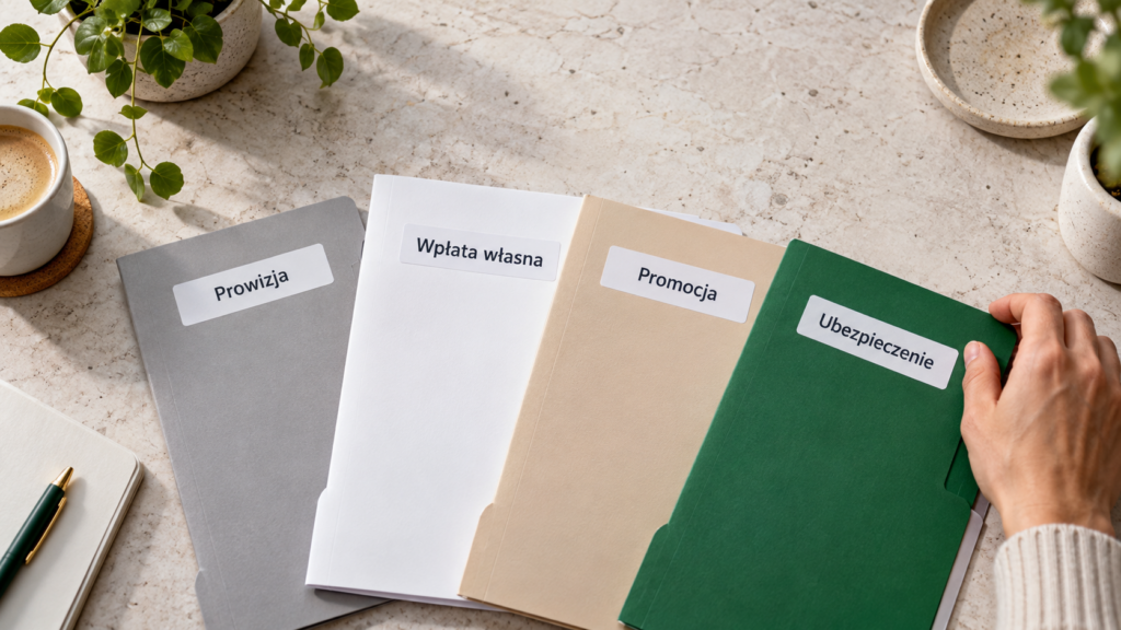 Uporządkowane materiały dotyczące prowizji, wpłaty własnej, promocji i ubezpieczenia.