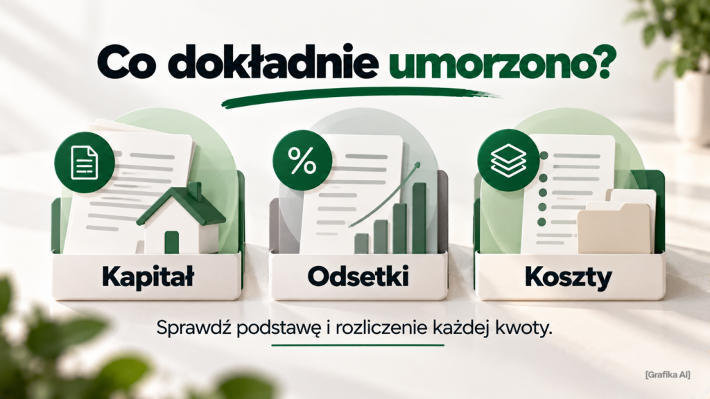 Trzy osobno przedstawione składniki zadłużenia: kapitał, odsetki i koszty