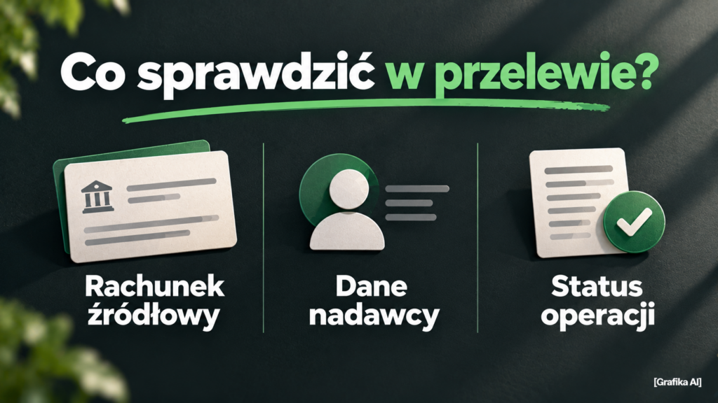 Trzy elementy do sprawdzenia w przelewie: rachunek źródłowy, dane nadawcy i status operacji