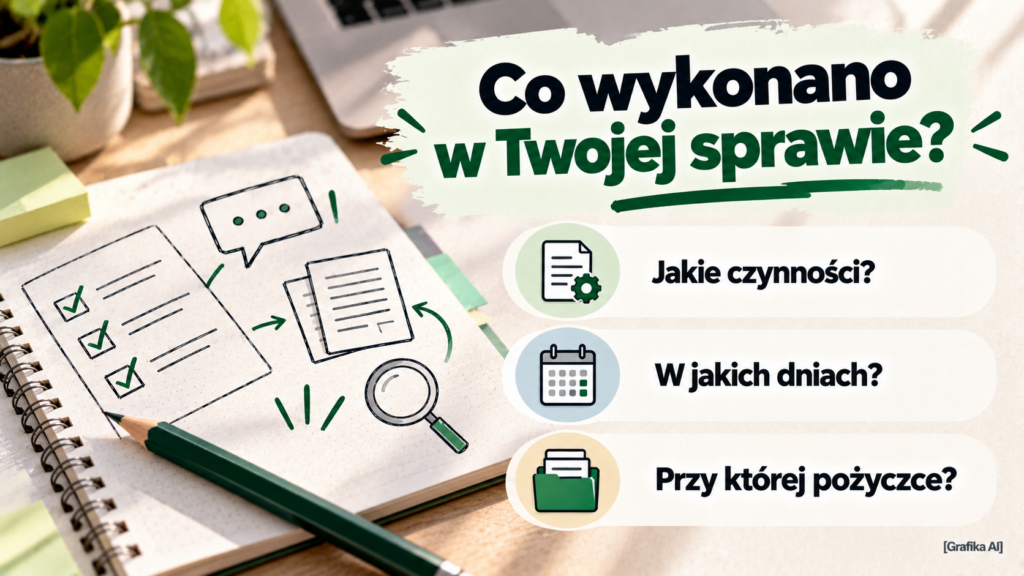 Ilustracja roboczych notatek i pytanie o czynności wykonane przez pośrednika