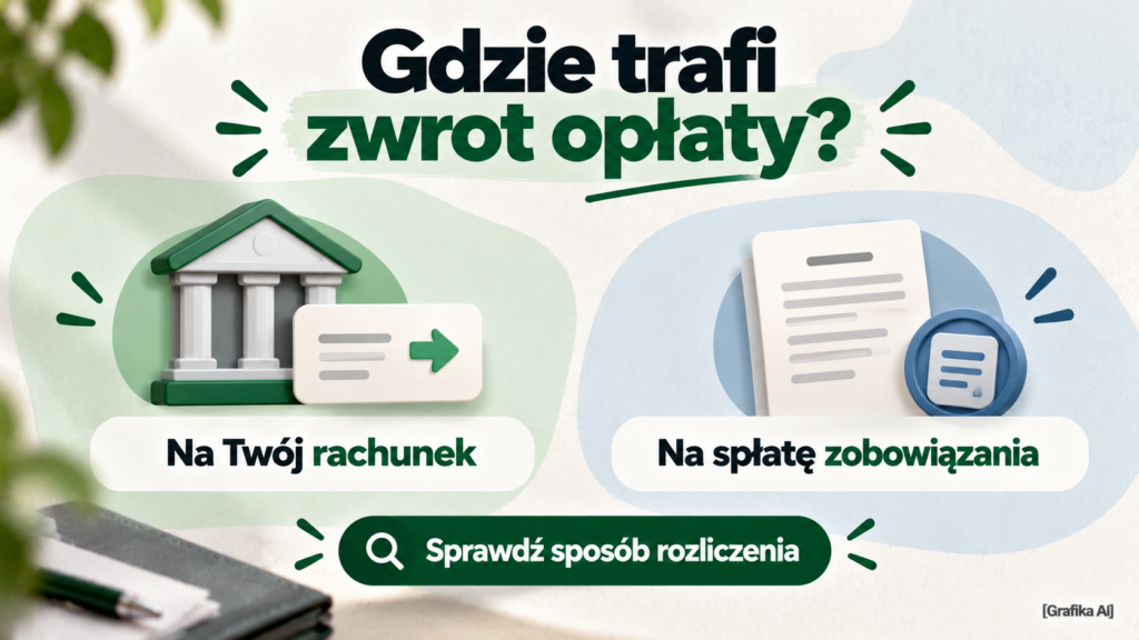 Ilustracja z pytaniem, czy zwrot trafi na rachunek, czy na spłatę zobowiązania