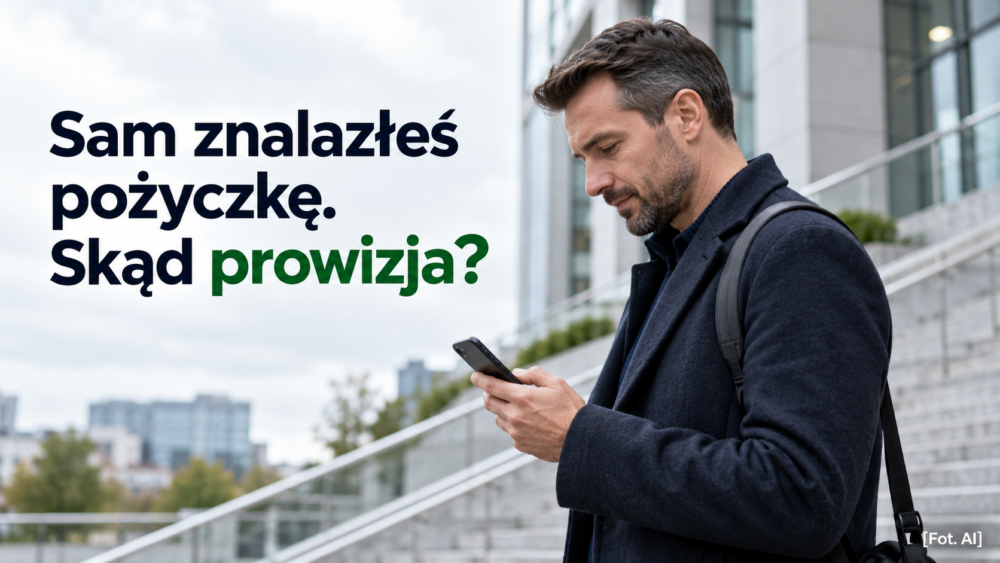 Mężczyzna sprawdzający telefon przed budynkiem i pytanie o prowizję pośrednika