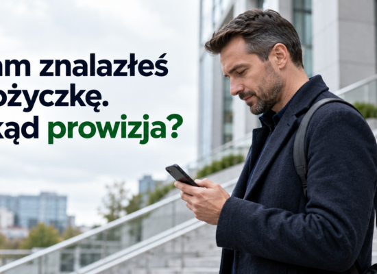 Mężczyzna sprawdzający telefon przed budynkiem i pytanie o prowizję pośrednika