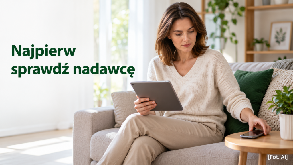 Kobieta odkłada telefon z wiadomością i samodzielnie sprawdza informacje na drugim urządzeniu.