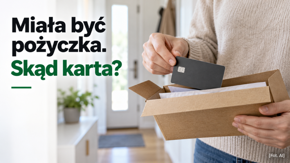 Dłonie wyjmujące kartę z przesyłki i pytanie o kartę dołączoną do pożyczki
