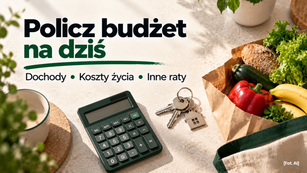 Zakupy spożywcze, klucze do mieszkania i kalkulator ilustrujące codzienne wydatki