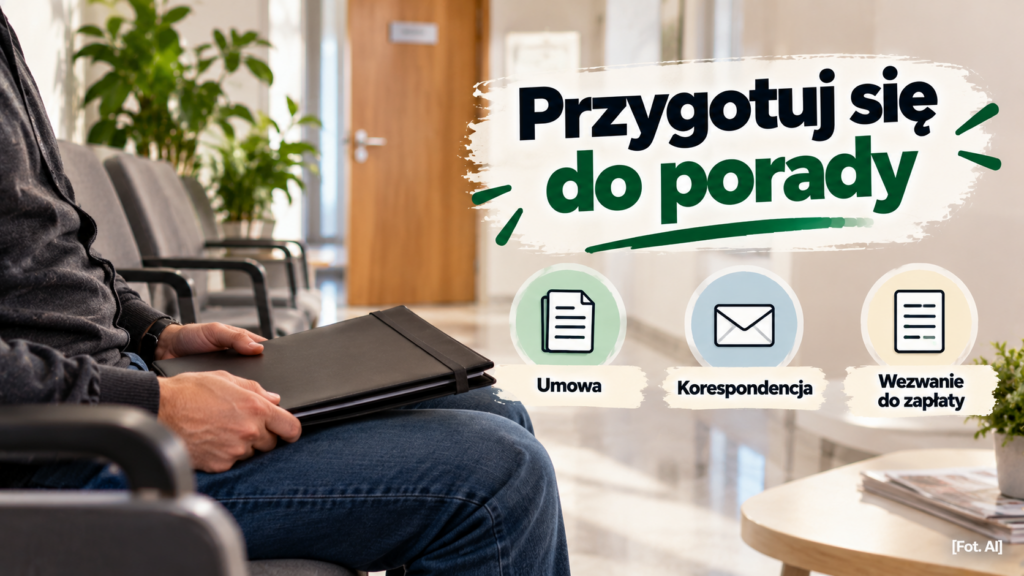 Osoba oczekująca na konsultację z zamkniętą teczką i wskazówką o potrzebnych dokumentach