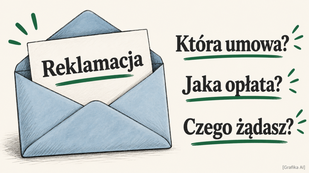 Ilustrowana koperta i pytania o umowę, opłatę oraz żądanie w reklamacji