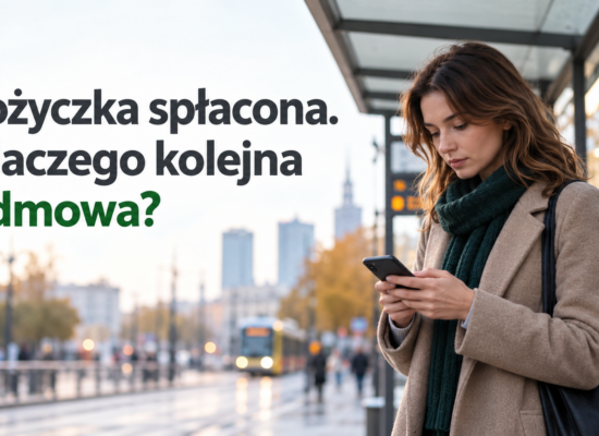 Osoba sprawdzająca telefon przy miejskim przystanku, obok pytania o odmowę kolejnej pożyczki
