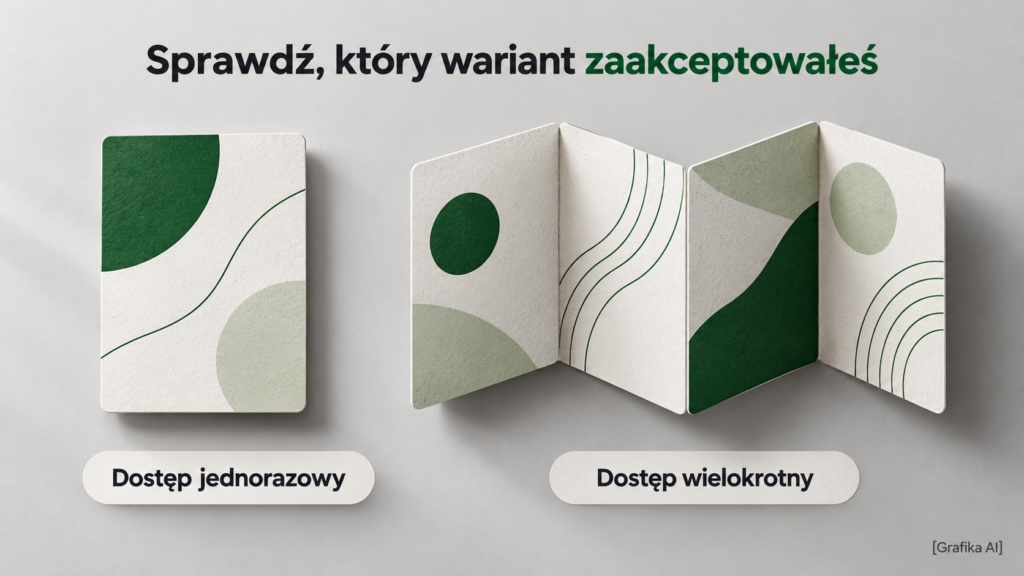 Pojedyncza karta oraz rozłożona harmonijka kart ilustrujące jednorazowe i powtarzane pobieranie informacji.