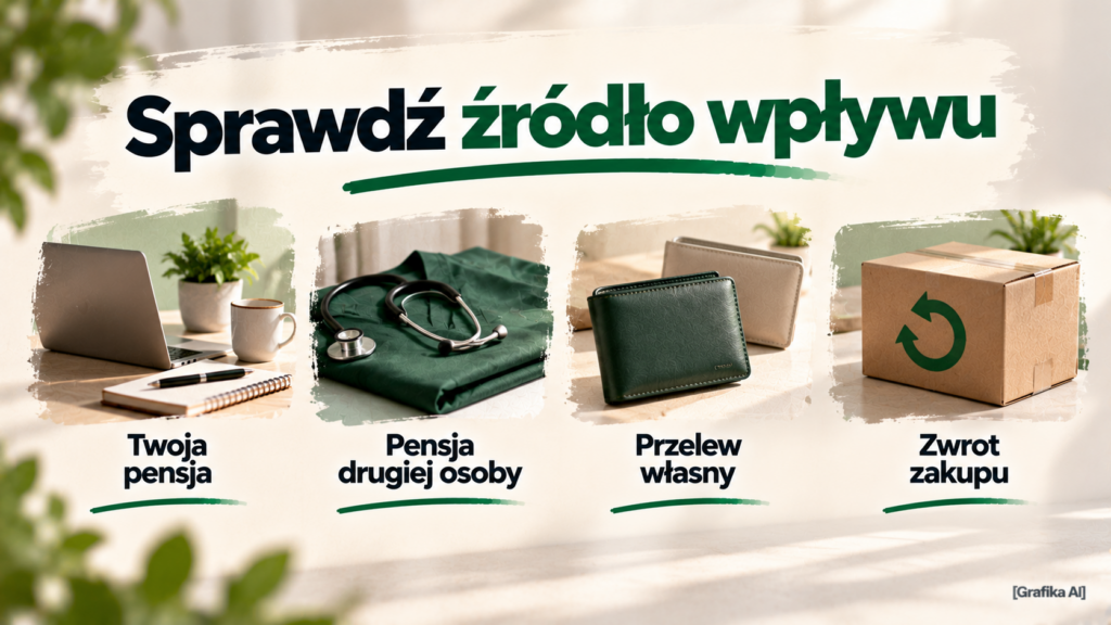 Cztery rodzaje wpływów: własna pensja, pensja drugiej osoby, przelew własny i zwrot zakupu