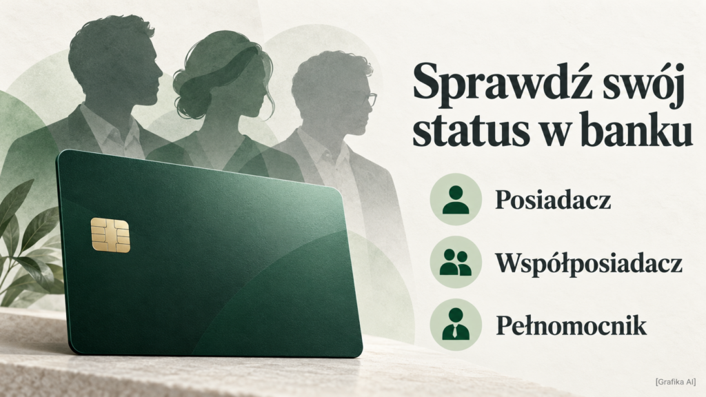 Karta bankowa obok nazw trzech ról: posiadacz, współposiadacz i pełnomocnik