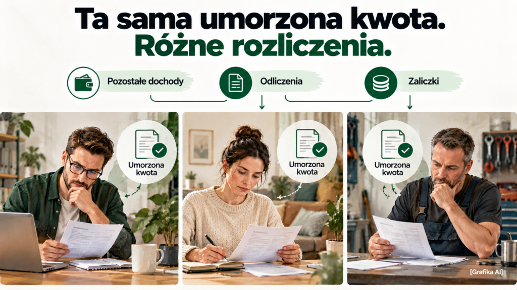 Trzy różne sytuacje podatników przy tej samej umorzonej kwocie