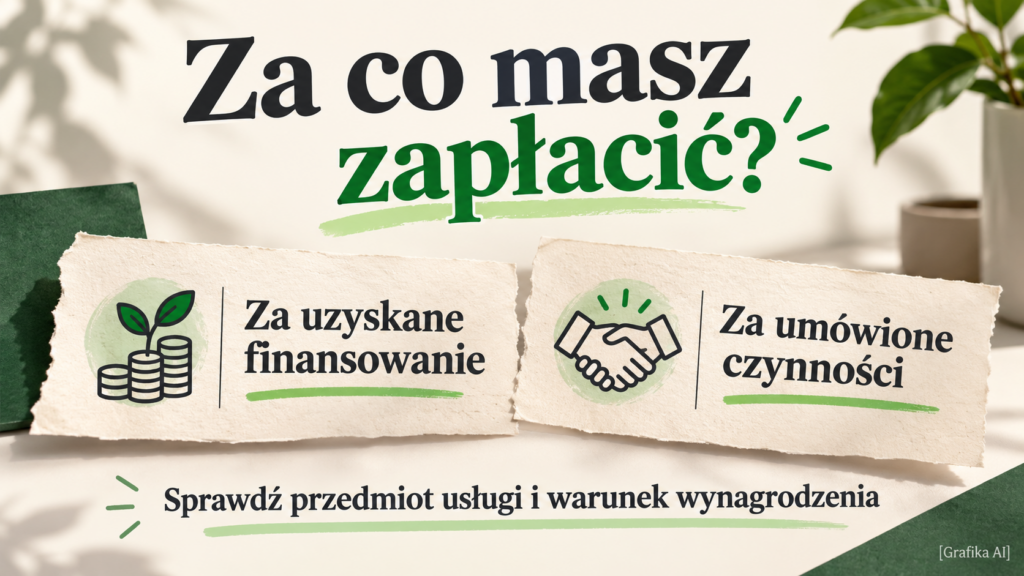 Dwa wyróżnione określenia: za uzyskane finansowanie i za umówione czynności