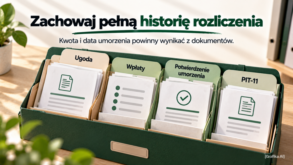 Uporządkowane dokumenty: ugoda, wpłaty, potwierdzenie umorzenia i PIT-11