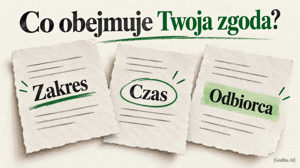 Powiększone fragmenty przykładowej treści zgody z wyróżnionymi słowami: zakres, czas i odbiorca.