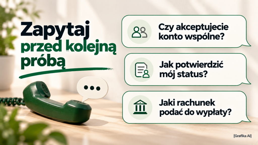 Pytania o akceptację wspólnego konta, potwierdzenie statusu i rachunek wypłaty