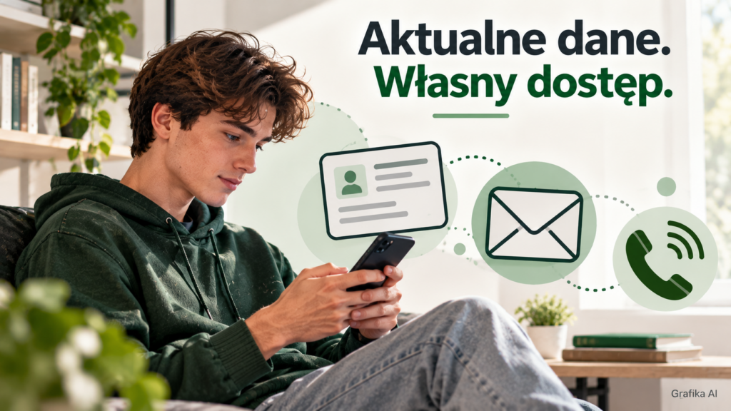 Ilustracja młodej osoby z telefonem oraz symbolami dokumentu i poczty elektronicznej